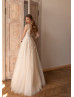 Beaded Ivory 3D Floral Lace Champagne Tulle Tender Wedding Dress